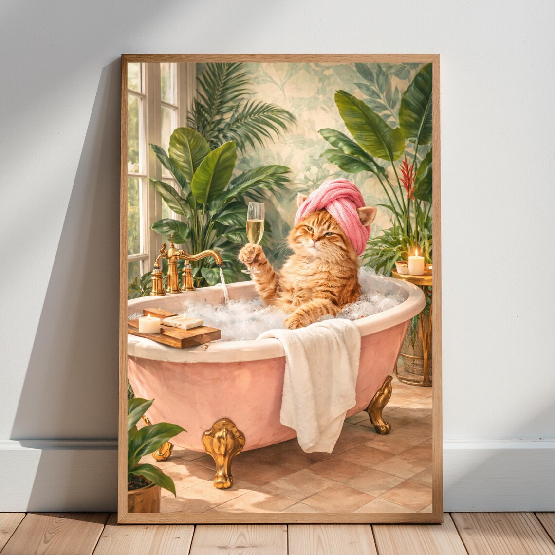 Funny Cat Bath Champagne Poster Print