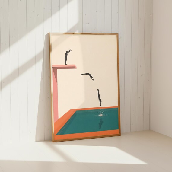 Minimalist Diving Poster Mid Century Pool Art Abstract Swimmer Print Retro Summer Decor
