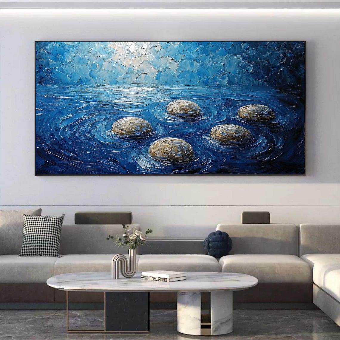 Smooth River Stones Resting In Swirling Deep Blue Water Poster - Image 3