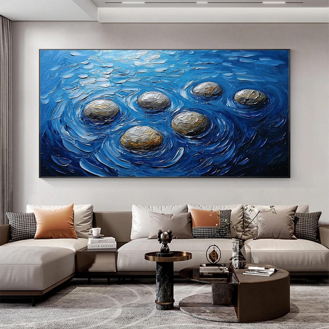 Six Smooth River Stones Floating In Bright Blue Swirling Water Poster - Image 2