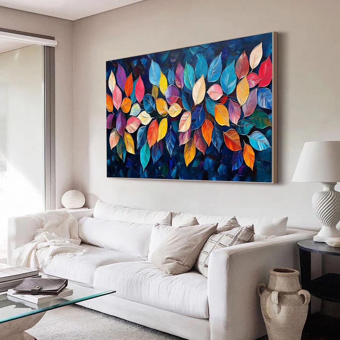 Vibrant Rainbow Leaves Cluster on Dark Blue Abstract Wall Art - Image 3