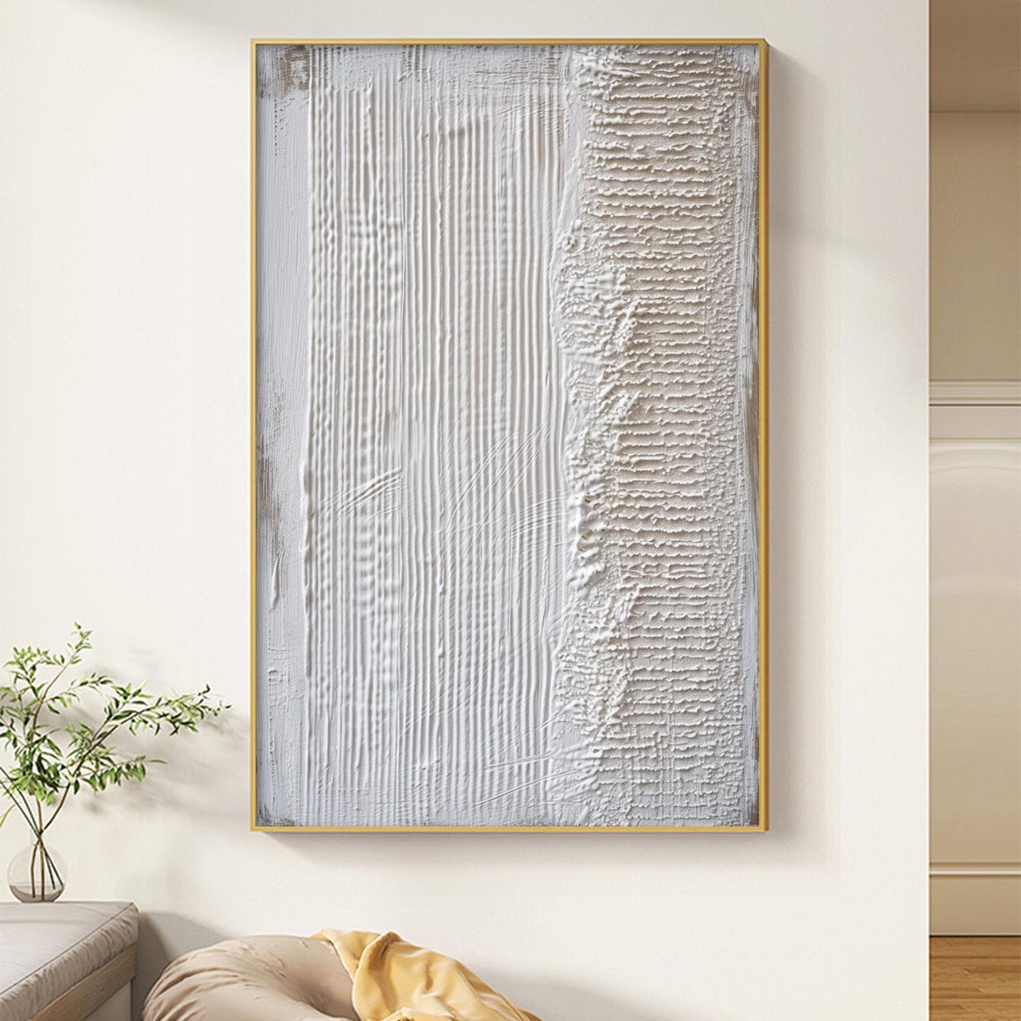 Minimalist White Beige Ridged Plaster Texture Abstract Wall Art - Image 5