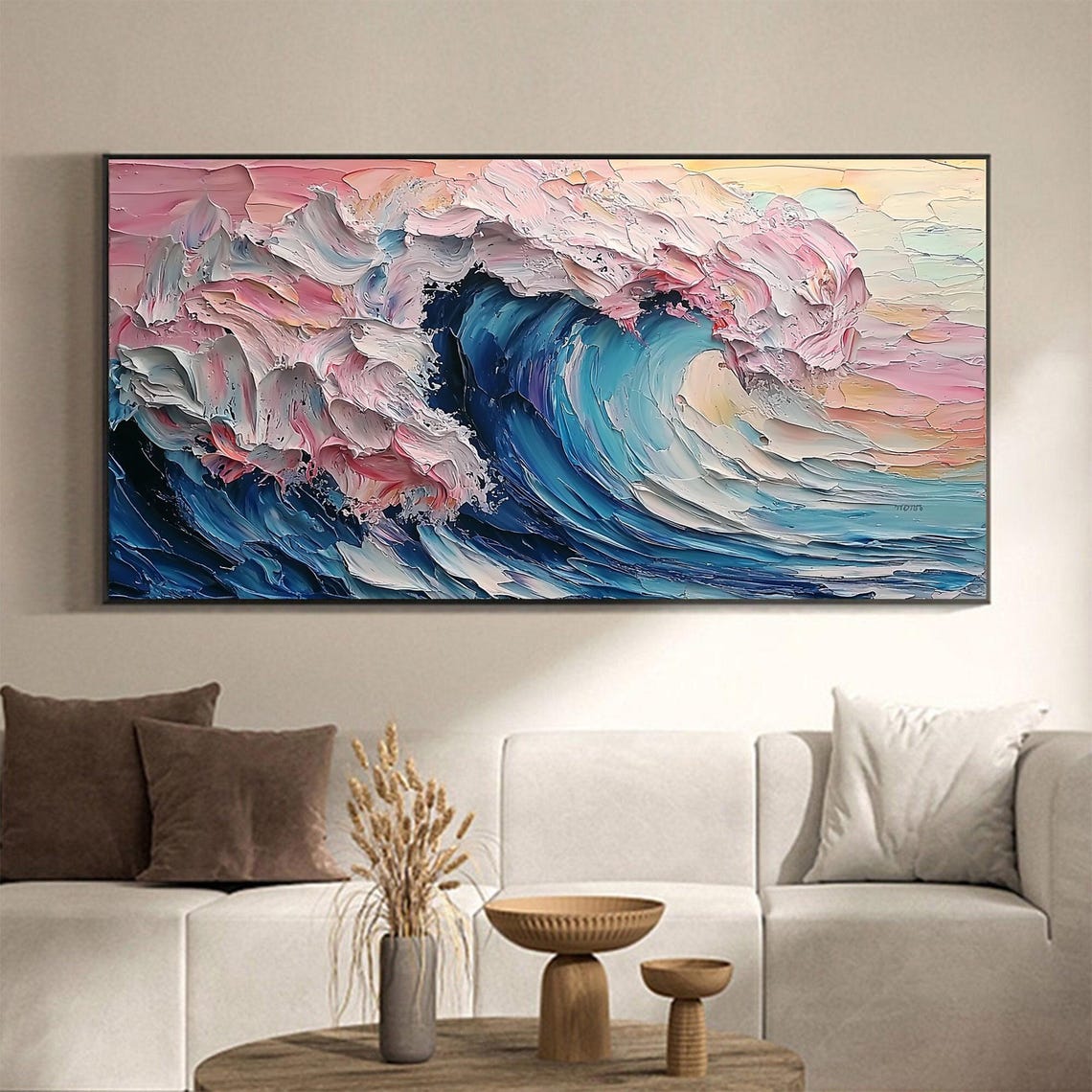 Towering Blue Ocean Wave with Pink Foam Impasto Seascape Wall Art - Image 5