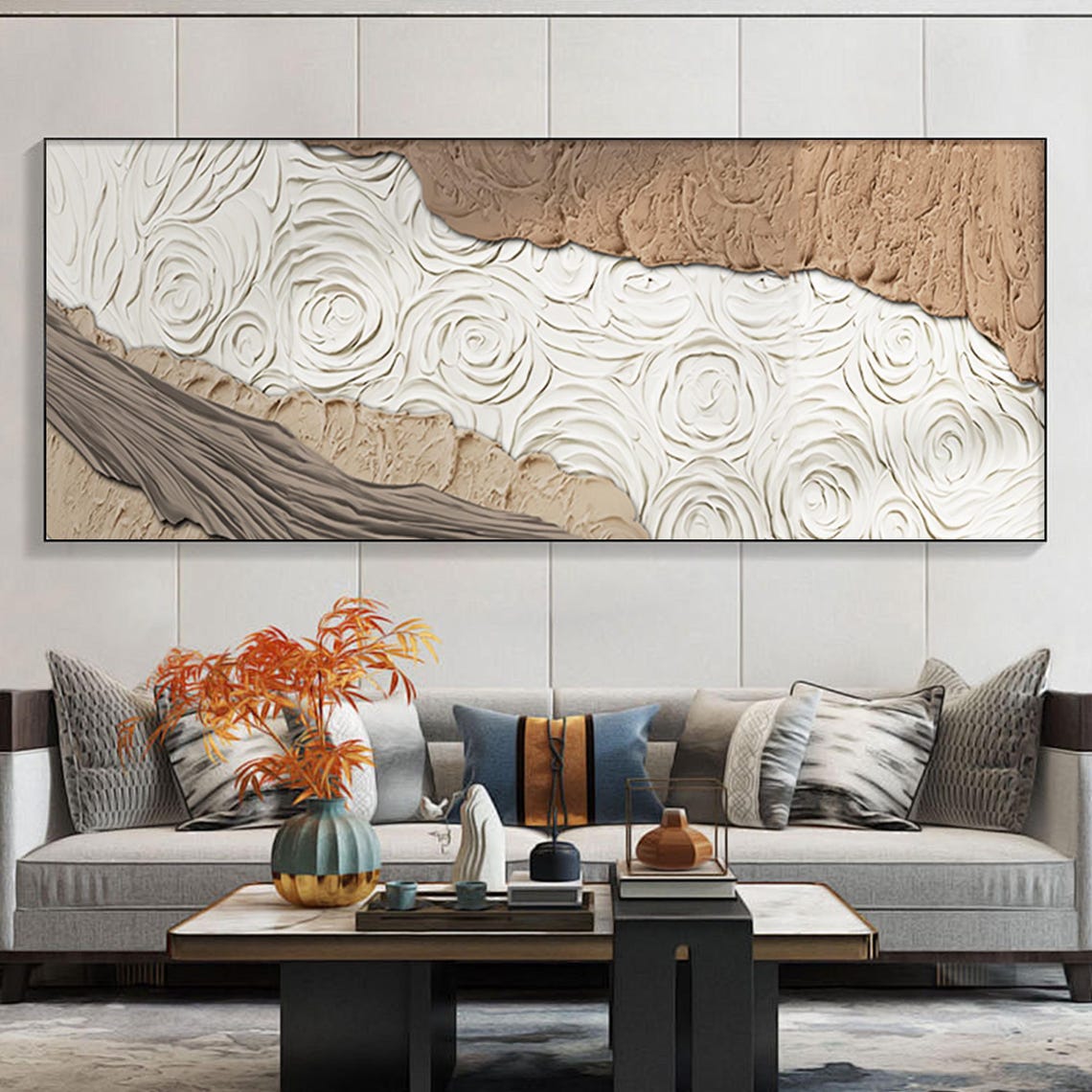 Beige And White Textured Beach Wave Swirls Abstract Wall Art - Image 4