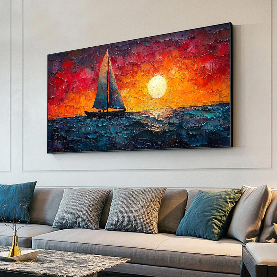 Large Original Sailboat Oil Painting On Abstract Sunset Seascape Painting Nautical Wall Art Custom Painting Living Room Wall Decor - Image 2