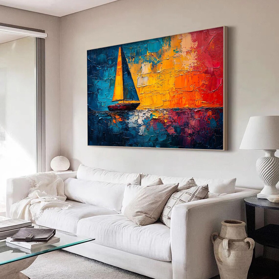 Colorful Abstract Sailboat With Yellow Sails On Sunset Sea Poster - Image 2