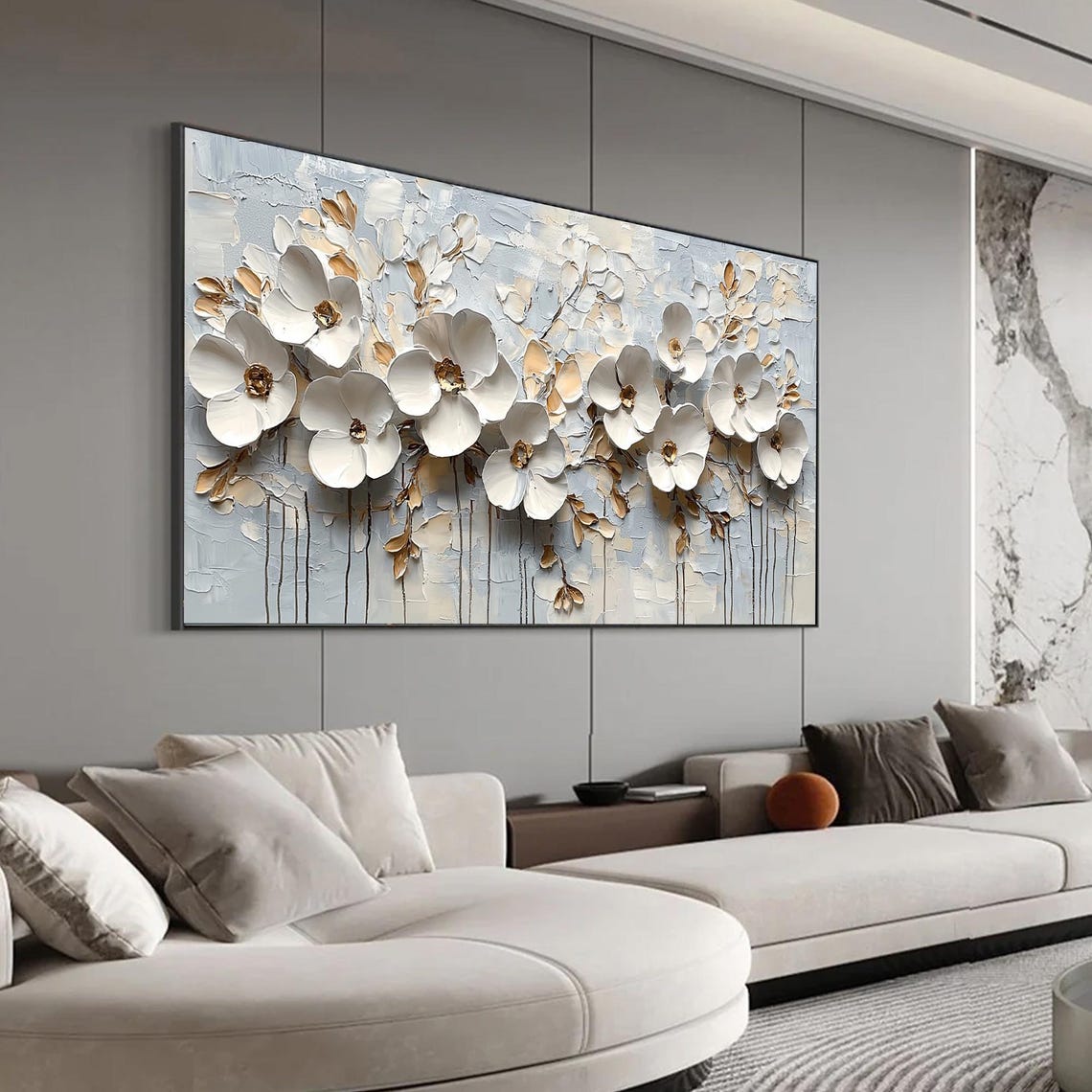 Three Dimensional White Flowers With Gold Centers Textured Poster - Image 4