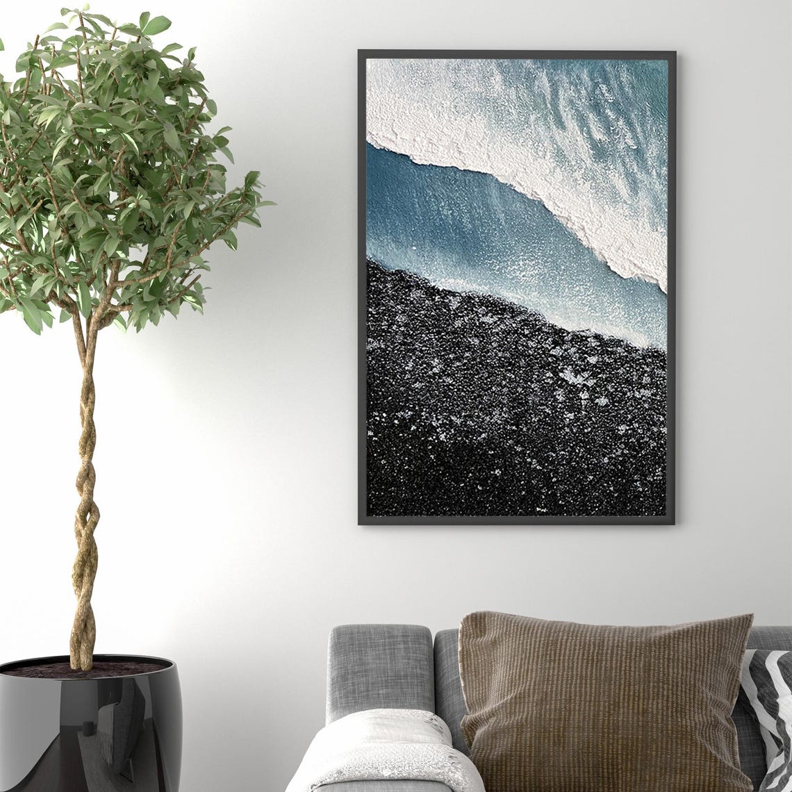Blue Ocean Wave Foam Aerial View on Black Pebble Beach Poster - Image 4