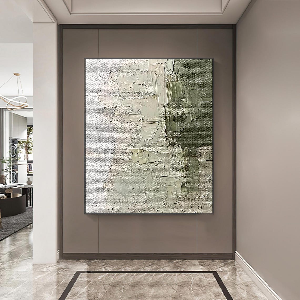 Beige Plaster Abstract with Olive Green Block Minimalist Wall Art - Image 2
