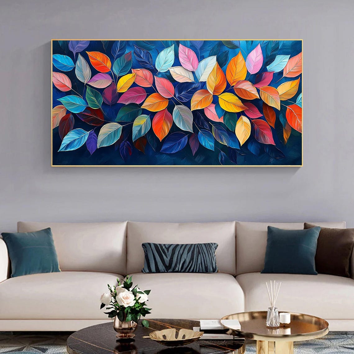 Colorful Autumn Leaves Scattered on Midnight Blue Botanical Wall Art - Image 5