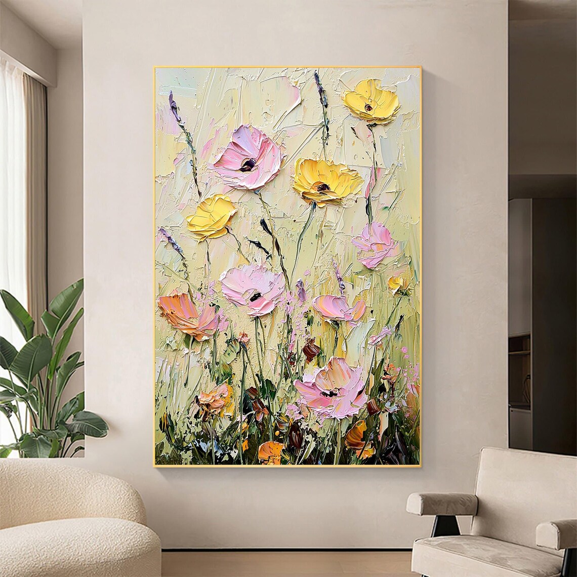 Pink Yellow Poppy Wildflowers Rising on Cream Textured Wall Art - Image 5