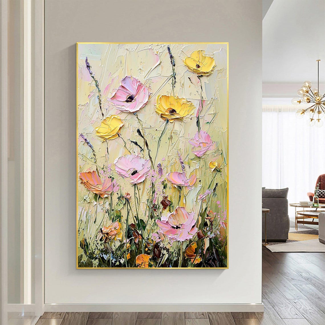 Pink Yellow Poppy Wildflowers Rising on Cream Textured Wall Art - Image 3