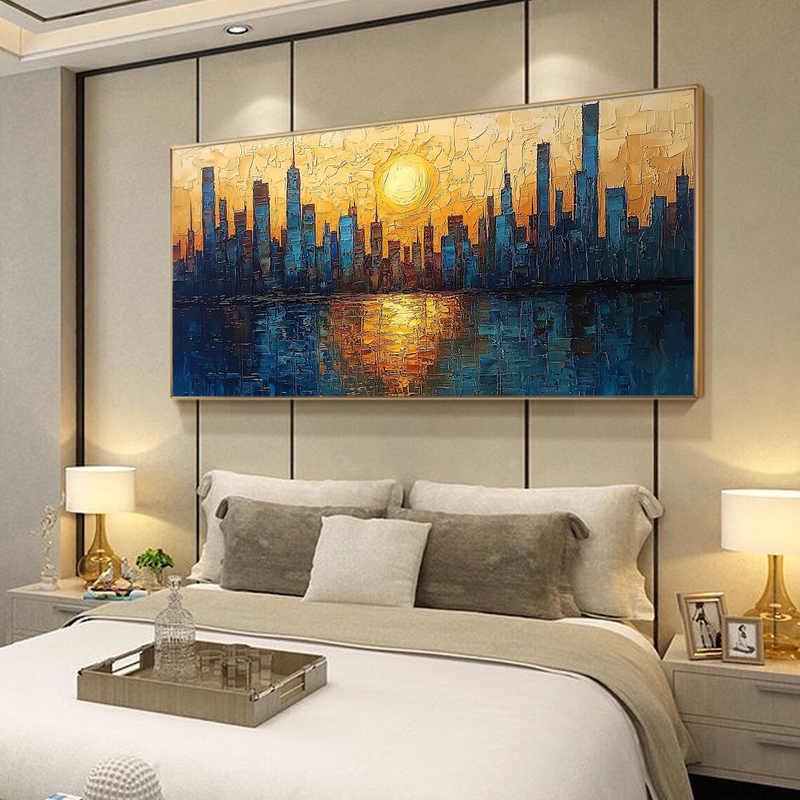Golden Sunset City Skyline with Skyscrapers Reflection Wall Art - Image 4