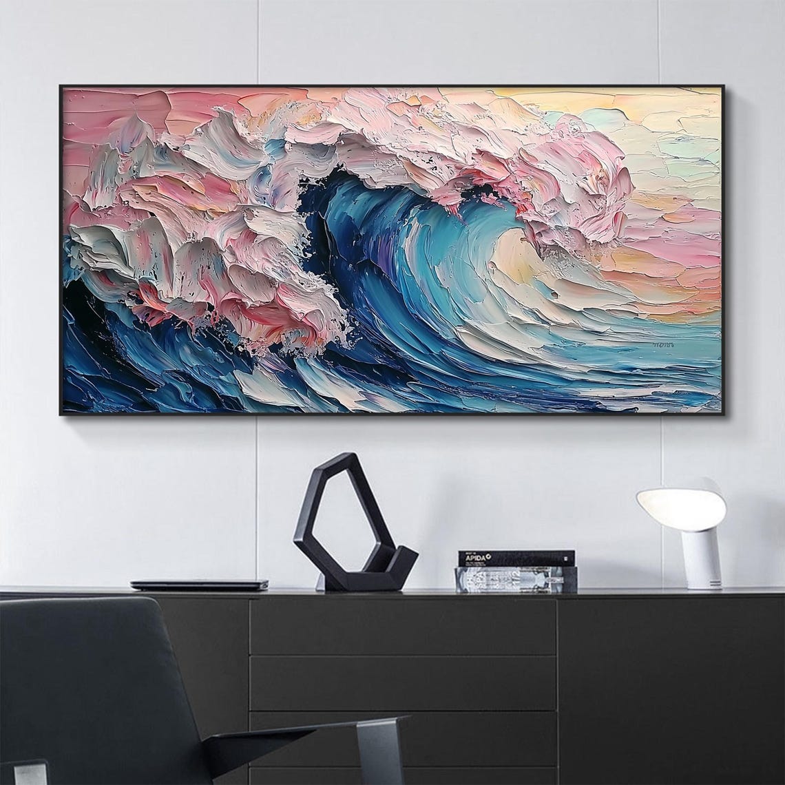 Towering Blue Ocean Wave with Pink Foam Impasto Seascape Wall Art - Image 4