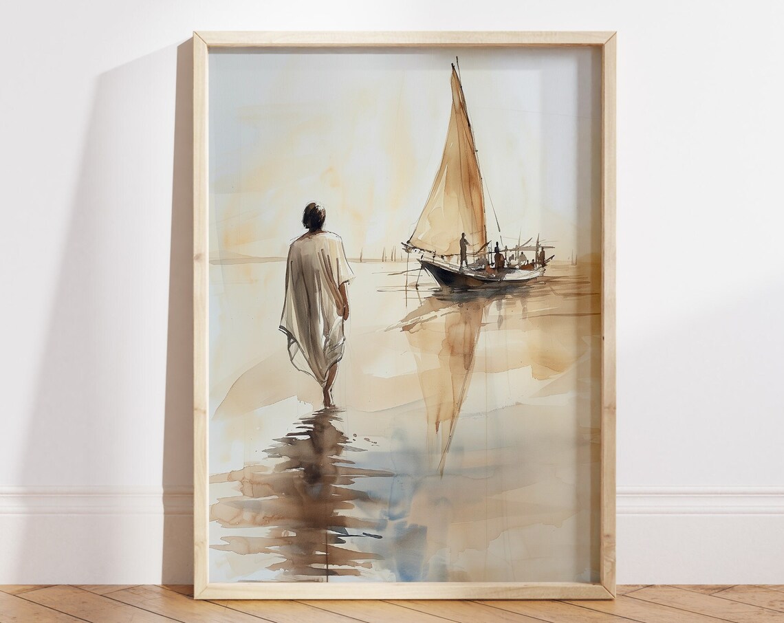 Jesus Walking Toward Sailboat Sepia Watercolor Christian Art Poster