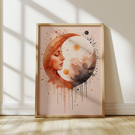 Crescent Moon Woman Celestial Watercolor Sun Stars Art Poster