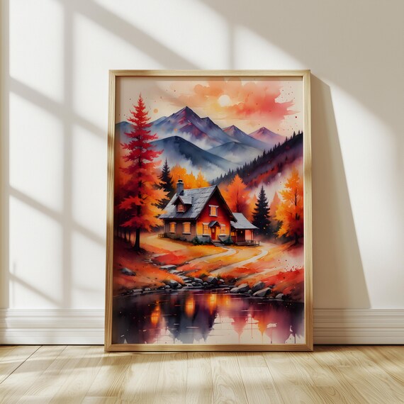 Autumn Lake Cabin Watercolor Poster Cozy Fall Trees Mountain Lake Landscape
