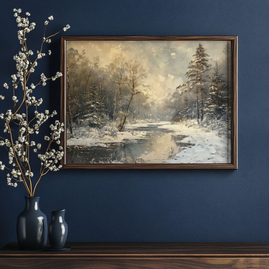 Vintage Winter Forest Snowy River Landscape Woodland Art Poster - Image 3