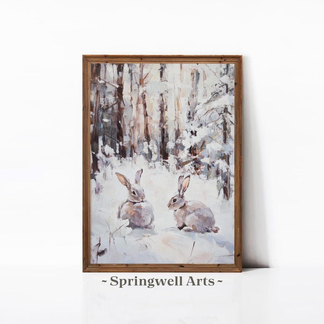 Two Rabbits Snowy Winter Forest Vintage Woodland Wildlife Poster