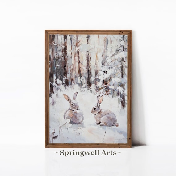 Two Rabbits Snowy Winter Forest Vintage Woodland Wildlife Poster