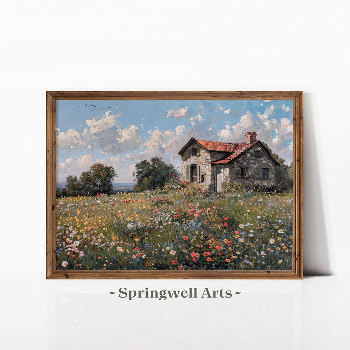 Stone Cottage Wildflower Meadow Vintage Rustic Farmhouse Art Poster