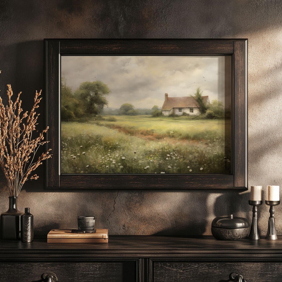 White Farmhouse Daisy Meadow Serene Country Cottage Landscape Poster - Image 2