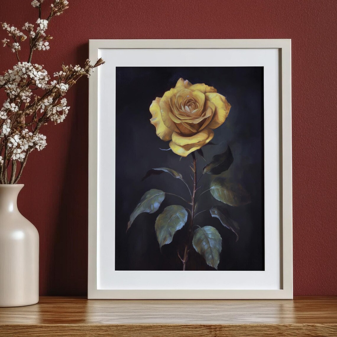 Golden Yellow Rose Dark Elegant Moody Floral Botanical Art Poster - Image 3