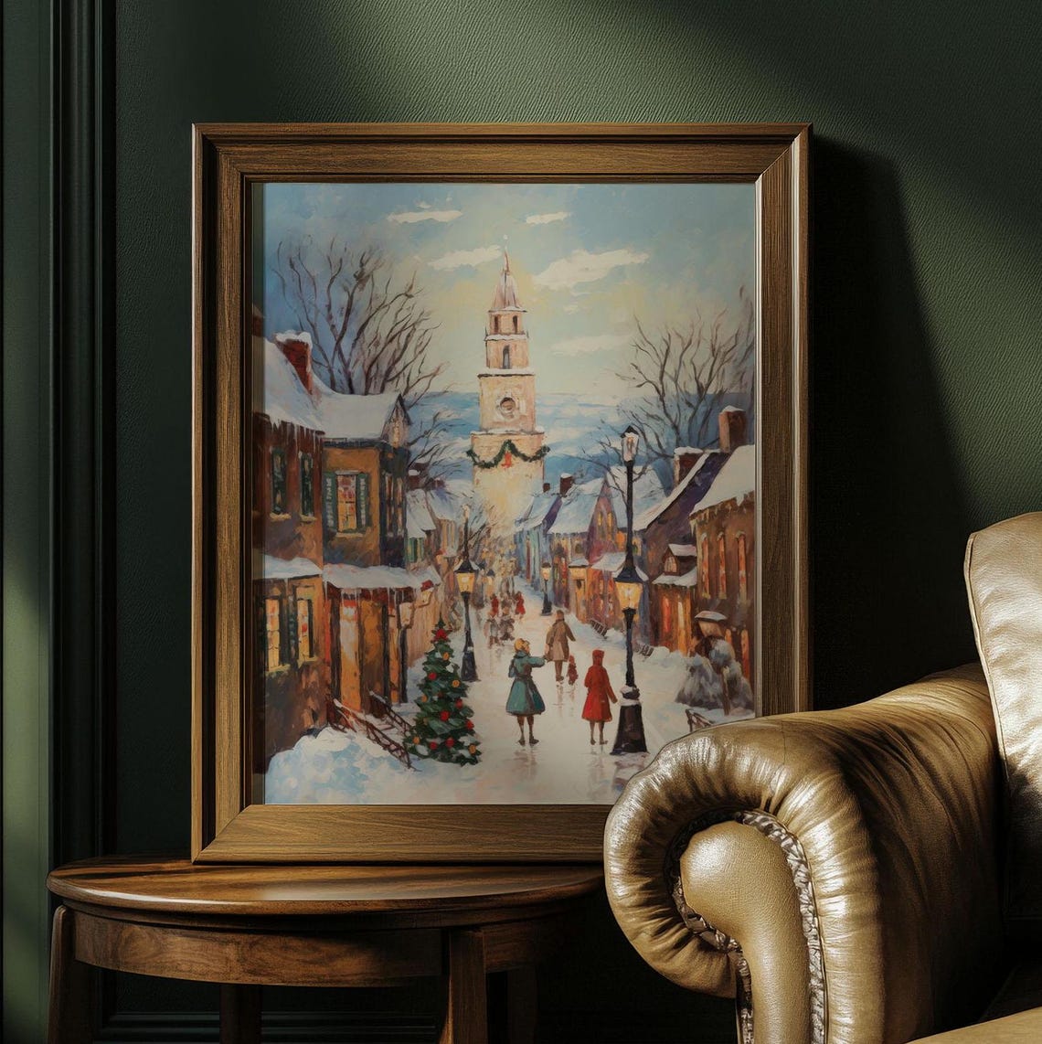 Festive Winter Town Street Clock Tower Christmas Village Art Poster - Image 2