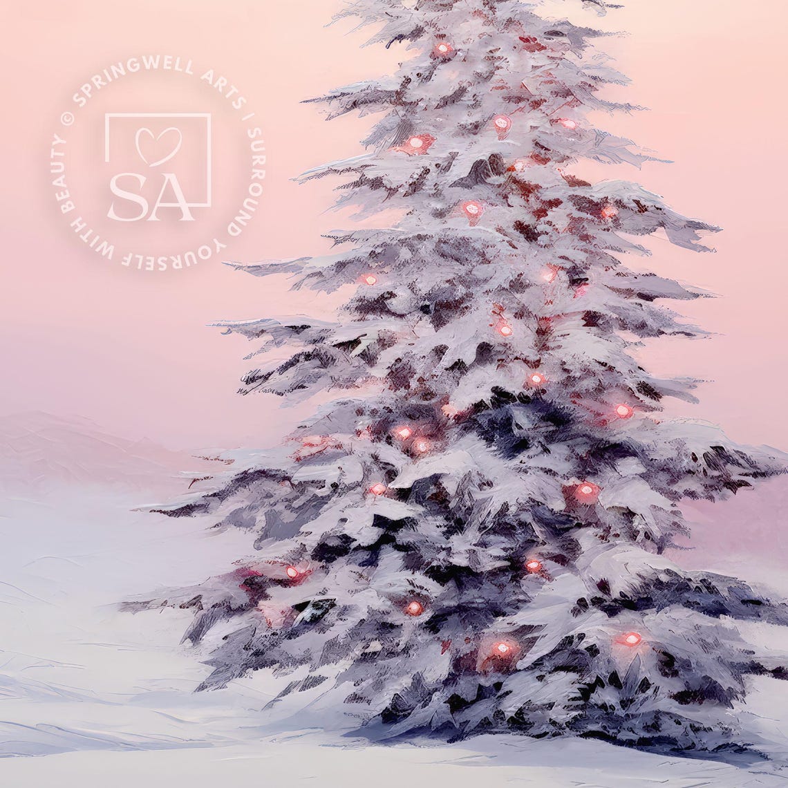 Snowy Christmas Tree Pink Sky Holiday Winter Wonderland Art Poster - Image 4