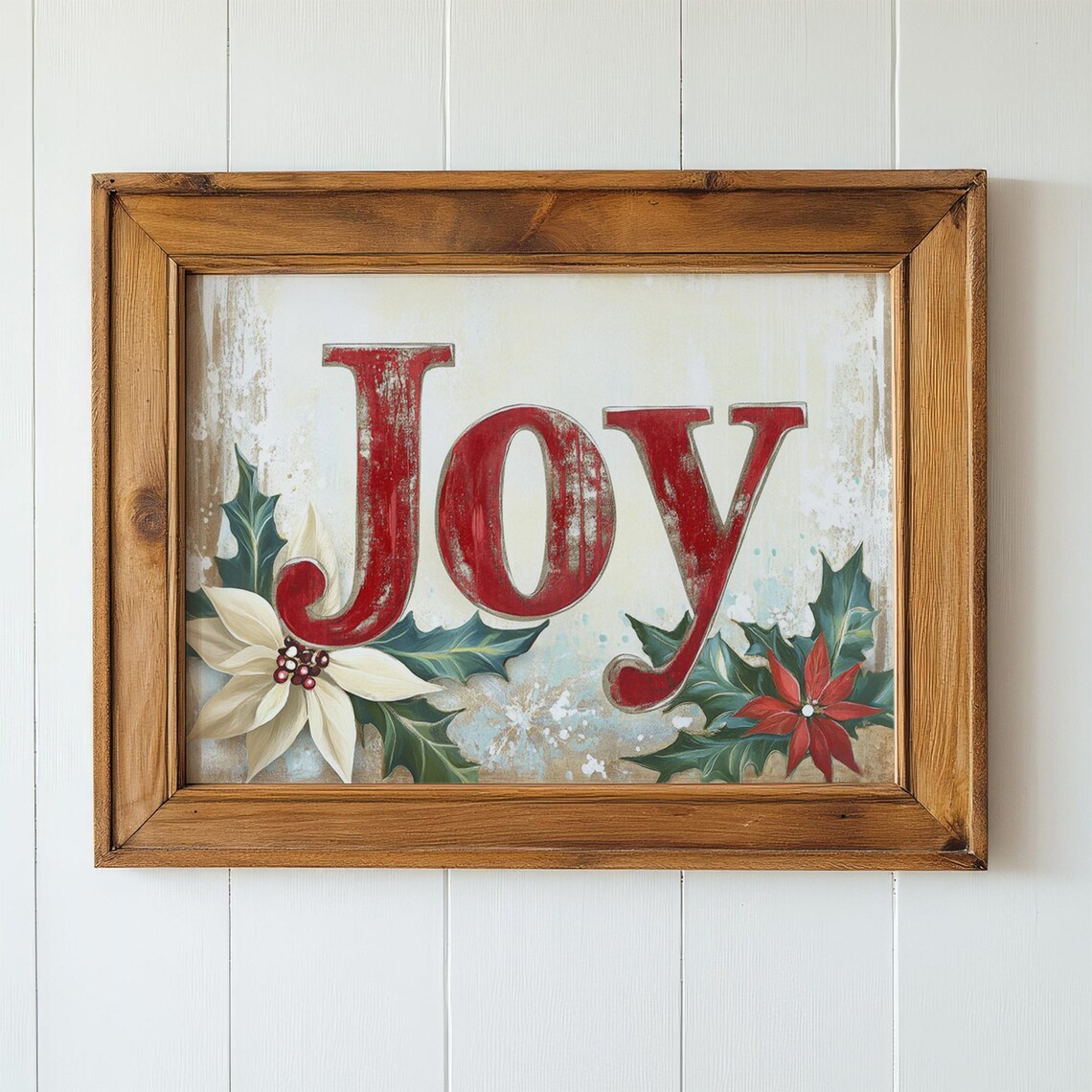 Vintage Red Joy Christmas Sign Poinsettia Holly Holiday Wall Poster - Image 2