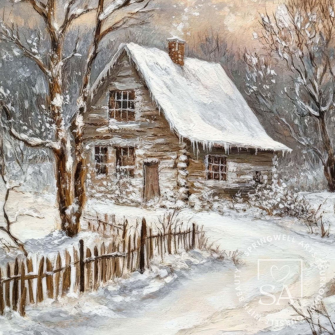 Snowy Cabin Winter Forest Cozy Rustic Dusk Landscape Art Poster - Image 3