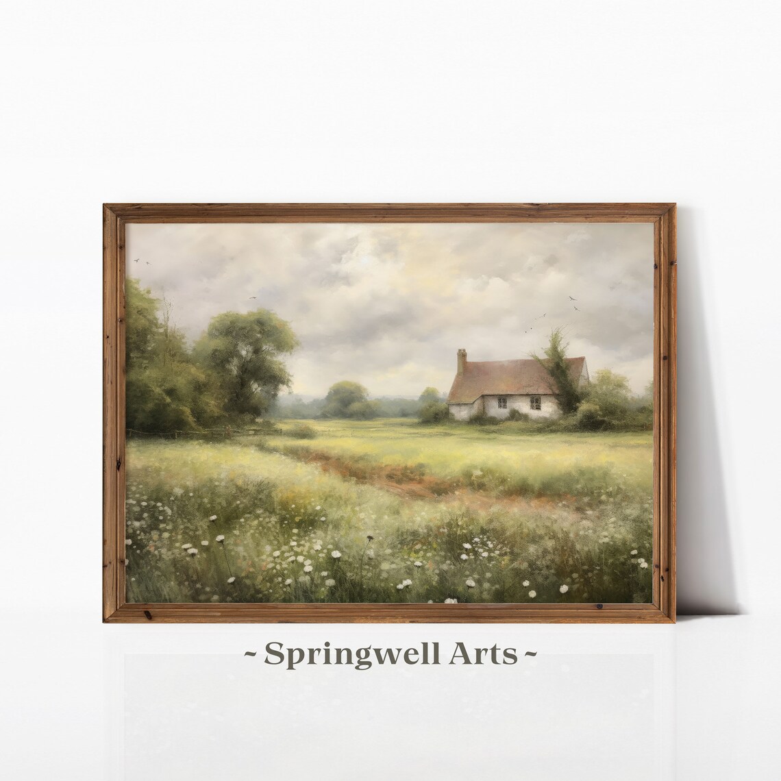 White Farmhouse Daisy Meadow Serene Country Cottage Landscape Poster