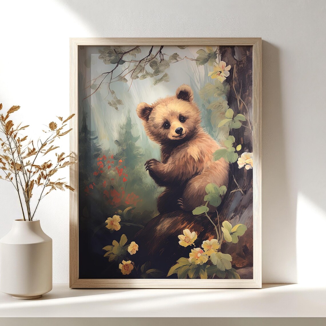 Baby Bear Cub Forest Painting Cute Woodland Nursery Wall Decor Poster - Image 3