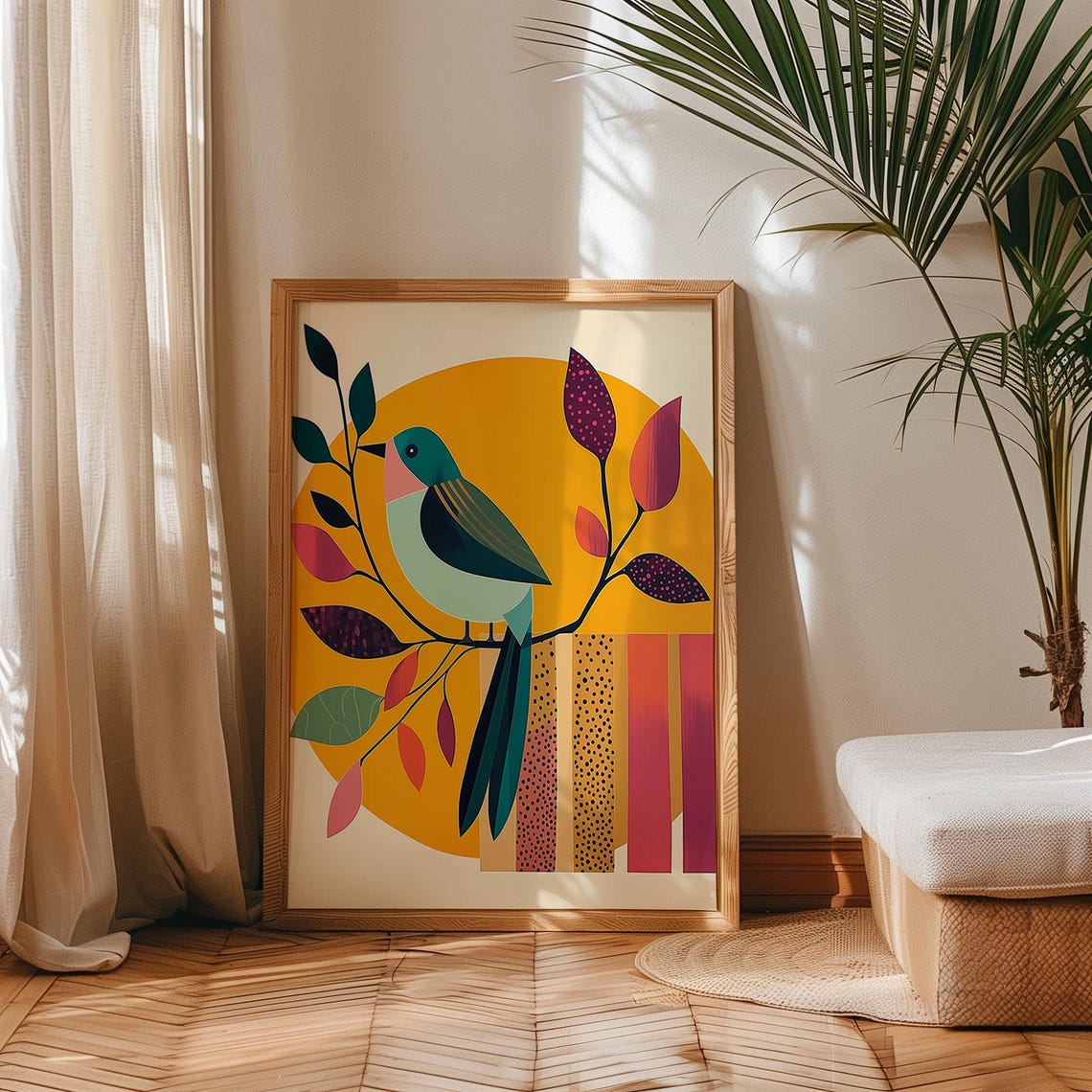 Geometric Bird Branch Orange Sun Mid Century Modern Boho Art Poster - Image 4