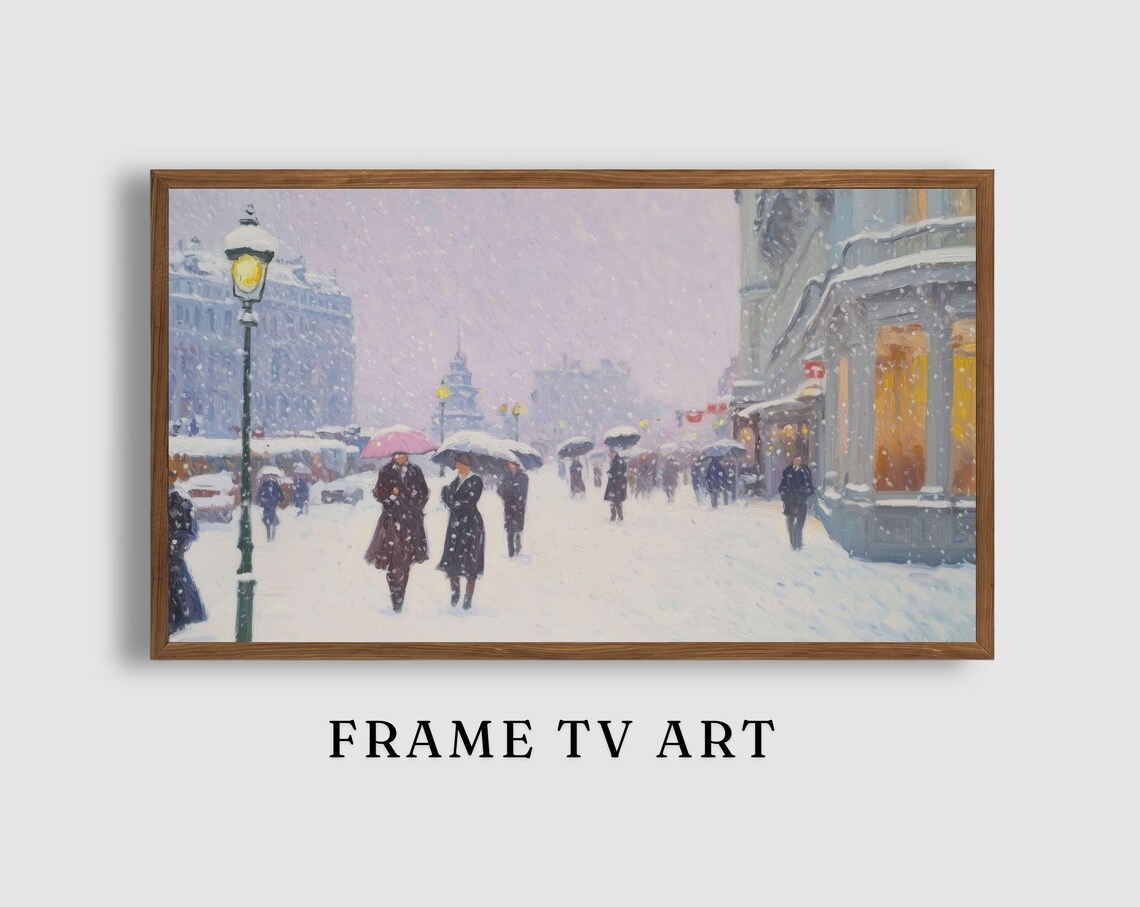 Snowy Paris Boulevard with Umbrellas Cafe and Church Spire Winter Painting Poster