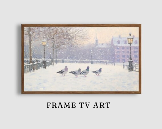 Pigeons Gathering on a Snowy Park Path with Lampposts in Winter Painting Poster