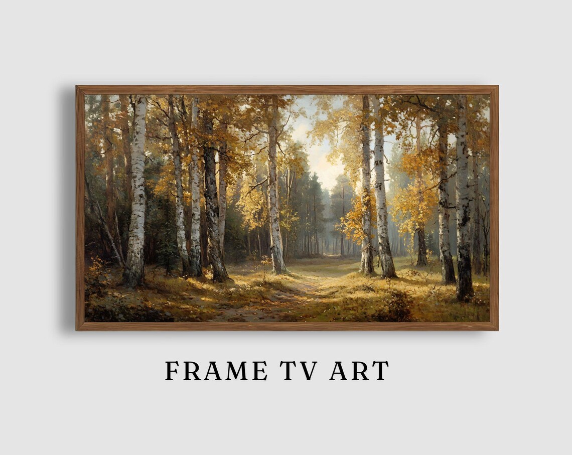 Golden Birch Forest Path Bathed in Warm Autumn Sunlight Landscape Poster