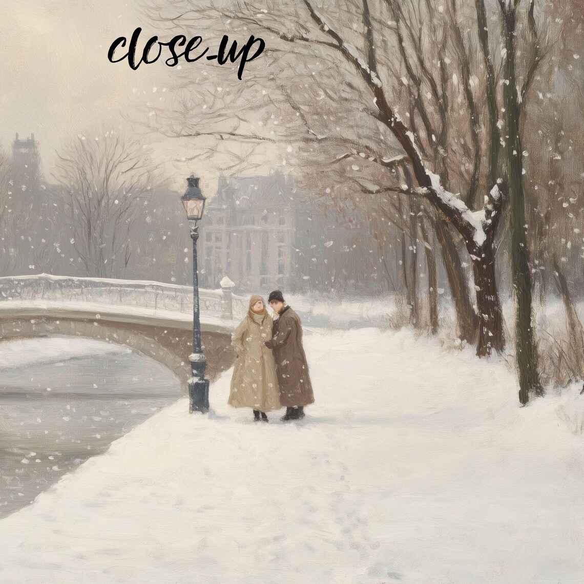 Romantic Couple Snowy Stone Bridge Winter Park Evening Poster - Image 4