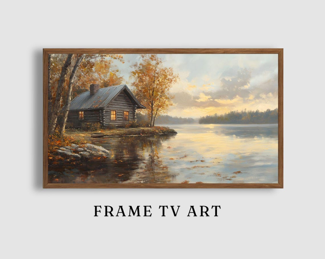 Rustic Log Cabin by Golden Lake Sunset Autumn Lakeshore Art Poster