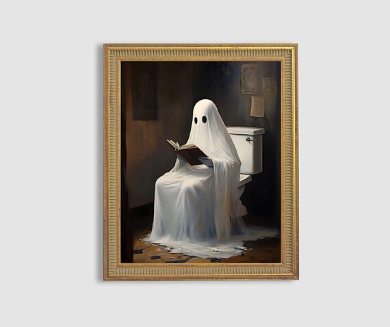 Funny Ghost Reading Book on Toilet Humorous Halloween Art Poster
