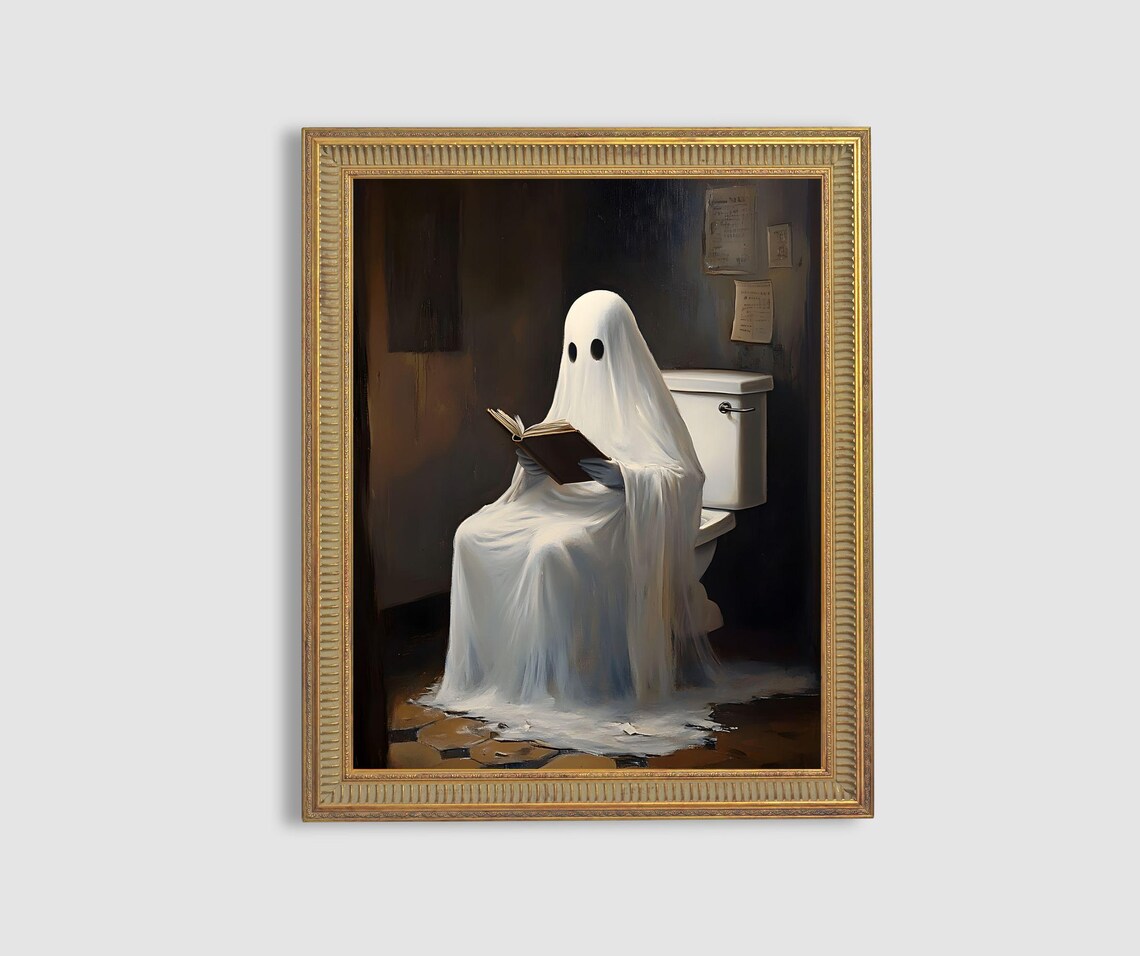 Funny Ghost Reading Book on Toilet Humorous Halloween Art Poster