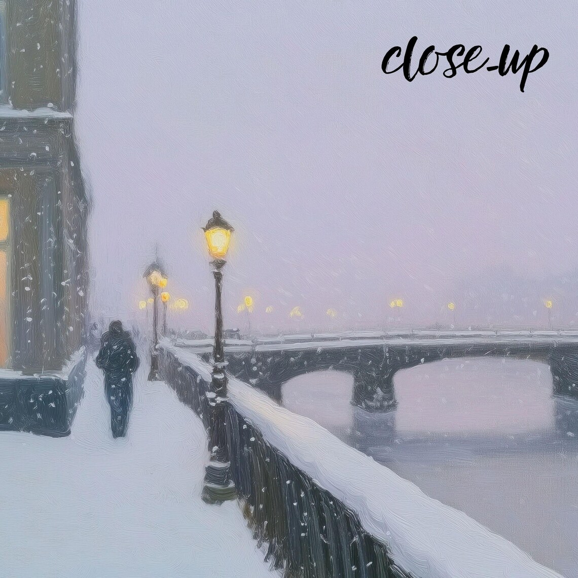 Snowy River Promenade with Lampposts Stone Bridge and Warm Windows Poster - Image 3