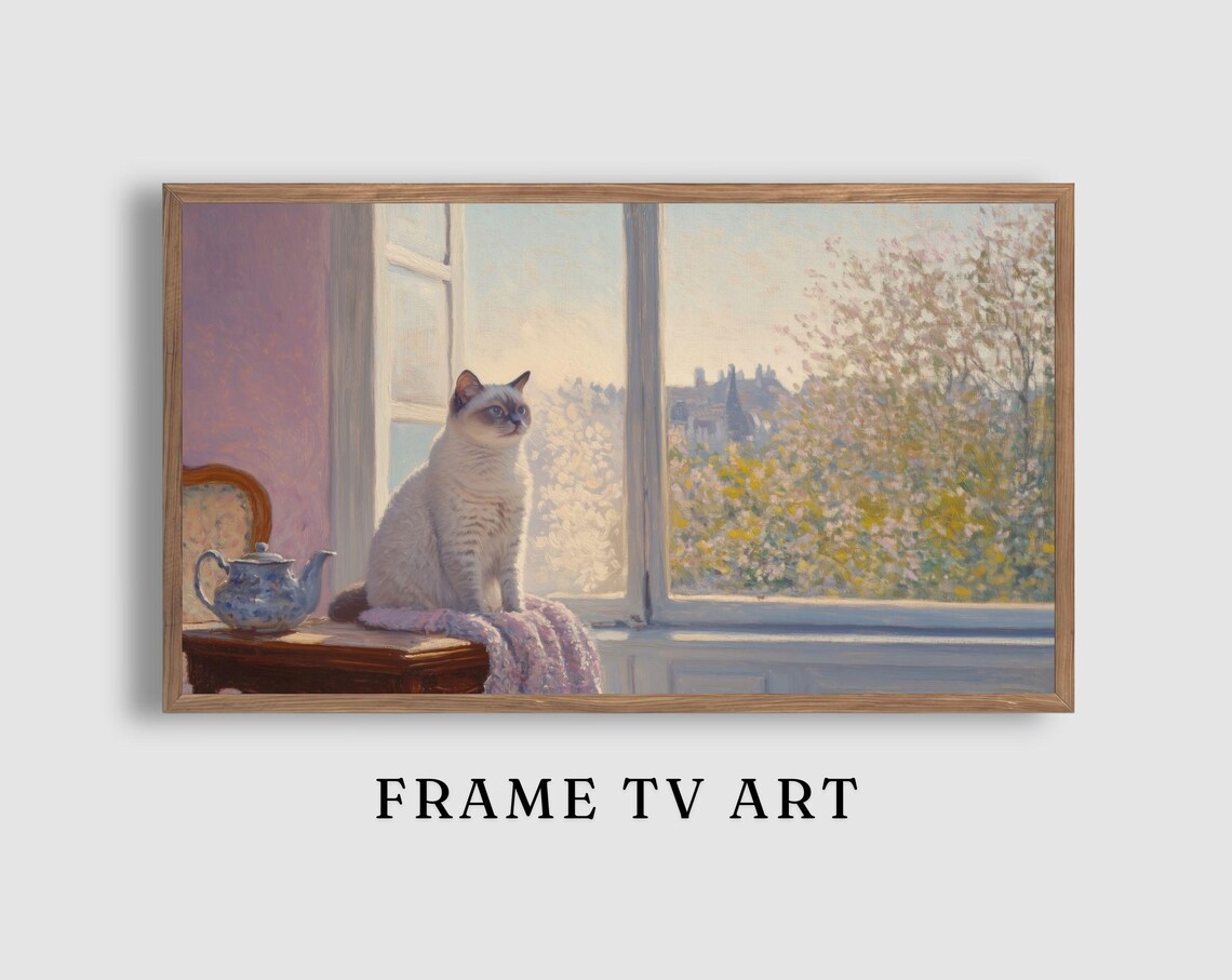 Cream Colorpoint Cat Sitting by a Sunny Window with a Blue Teapot Painting Poster