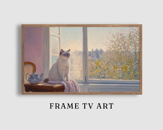 Cream Colorpoint Cat Sitting by a Sunny Window with a Blue Teapot Painting Poster