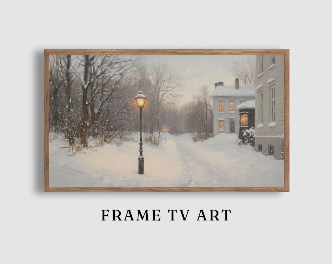 Snowy Path Lit Windows Glowing Lamppost Winter Dusk Scene Poster