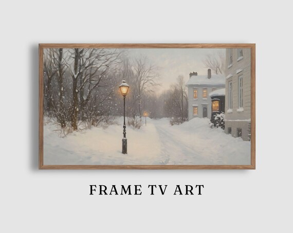 Snowy Path Lit Windows Glowing Lamppost Winter Dusk Scene Poster