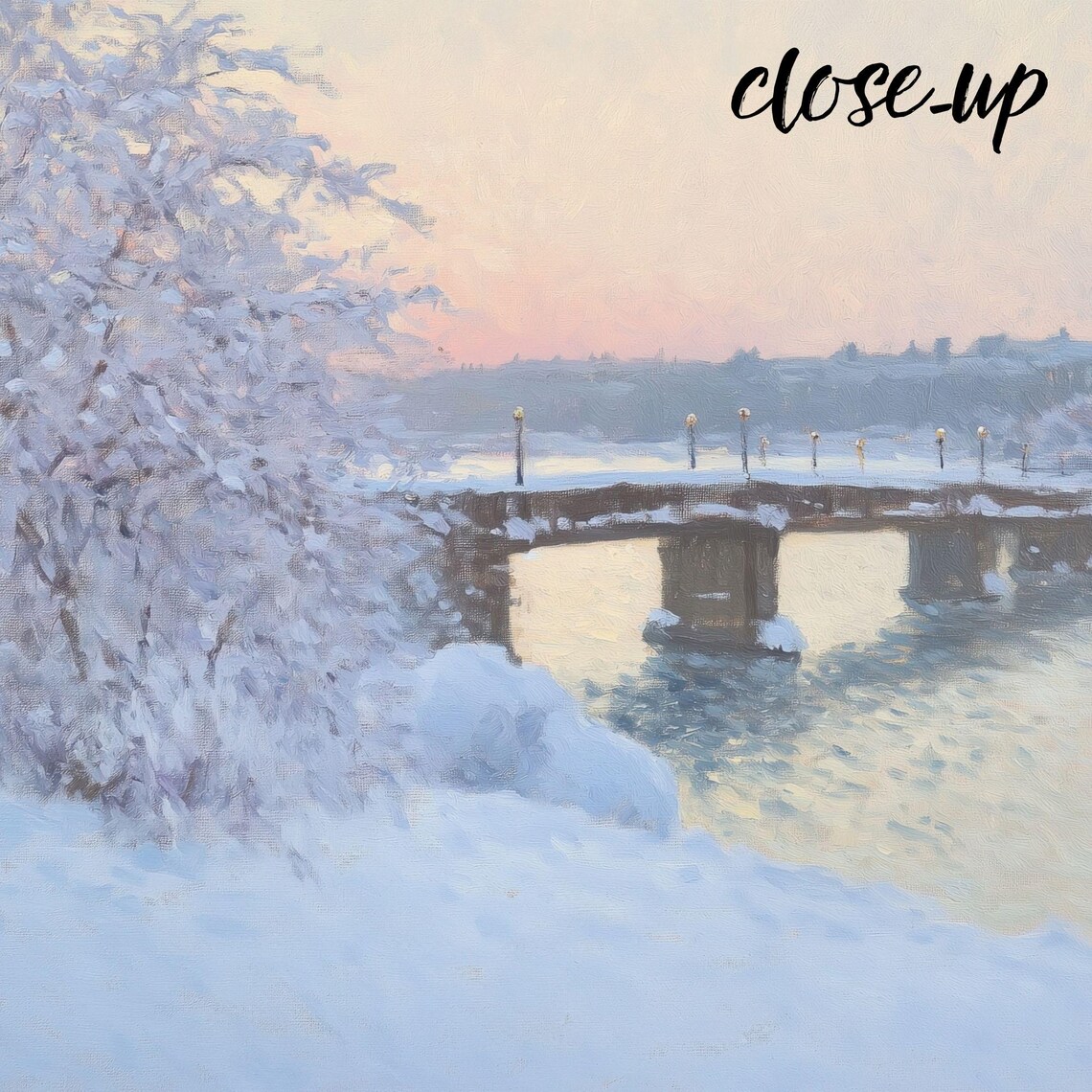 Snowy River Bridge at Pink Dawn with Frosted Trees Winter Painting Poster - Image 4
