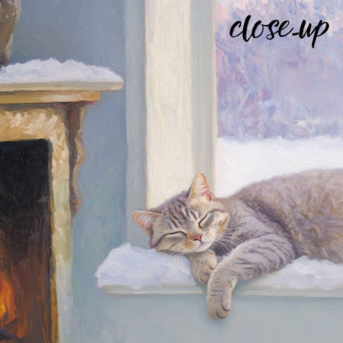 Sleeping Grey Tabby Cat on a Snowy Windowsill by the Fireplace Painting Poster - Image 4
