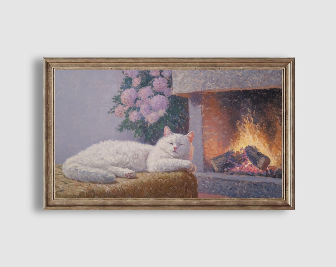 White Cat Sleeping by a Glowing Fireplace with Pink Roses Painting Poster - Image 2