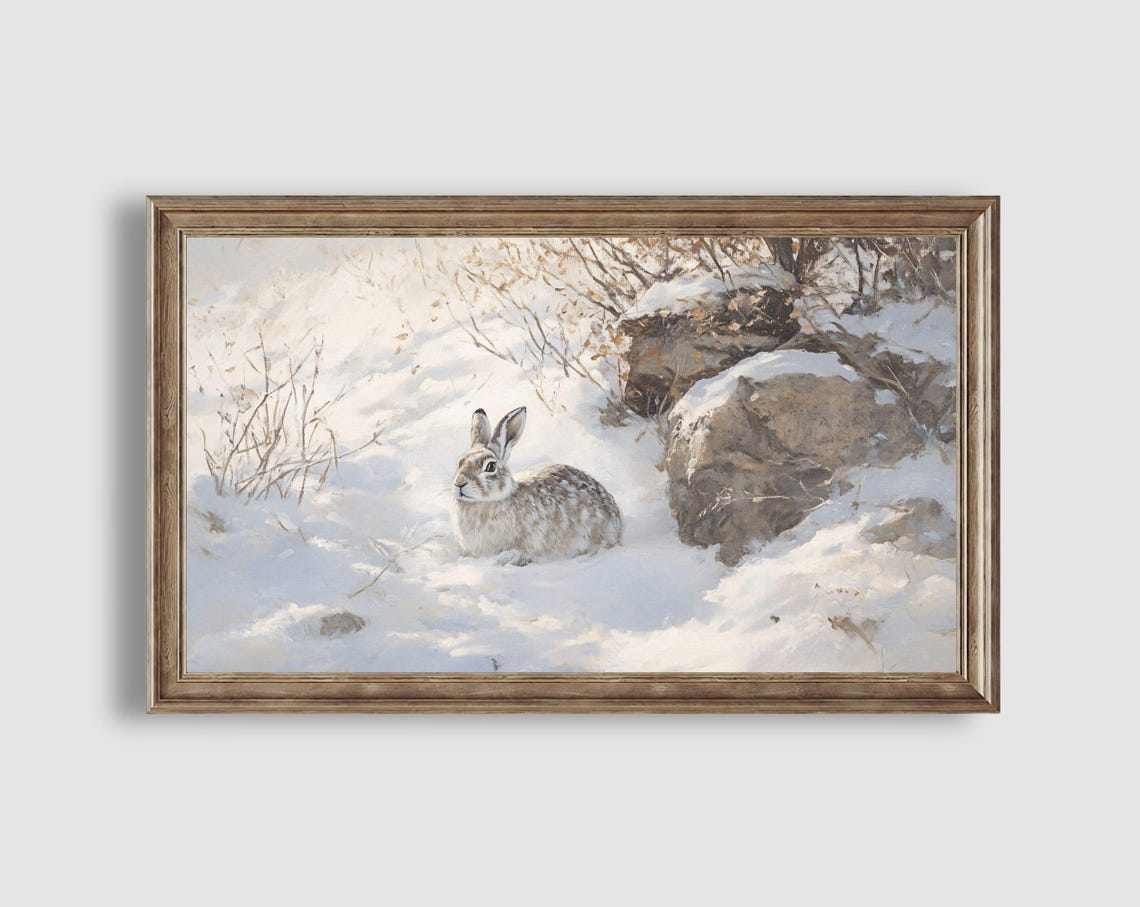 Snow Hare in Rocky Snow Hillside Rustic Winter Wildlife Art Poster - Image 2